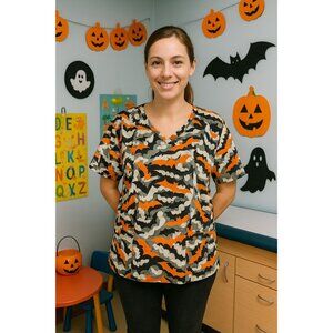 WS Gear Vintage Medical Scrub Top XL  Black Orange White Halloween Bats Spooky